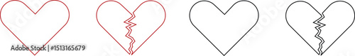 Heartbreak icon set. Broken heart or divorce vector collection isolated on transparent background. Outline drawing broken red hearts line clipart breakup symbol for apps and websites