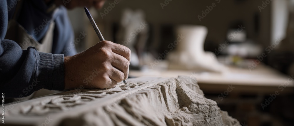 Fototapeta premium Adult man carefully carving intricate floral pattern into stone molding indoors, showcasing craftsmanship and traditional stonemasonry skills