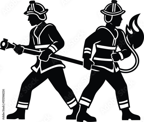 vector illustration of firefighters in dramatic poses, wearing protective gear and helmets, silhouettes designed for safety and rescue concept visuals
