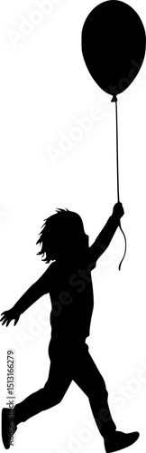 a running child silhouette, black and white, holding a balloon, minimalist vector illustration
