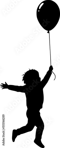 a running child silhouette, black and white, holding a balloon, minimalist vector illustration

