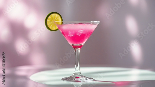 Wallpaper Mural Cosmopolitan in classic glass with lime wheel and pink bokeh background. Great for chic cocktail features, bar promotions, or stylish drink packaging. Torontodigital.ca