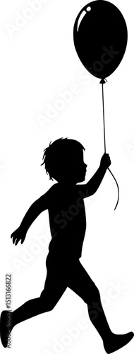 A silhouette of a young child holding a black balloon, running across a plain white background, vector