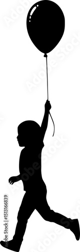A silhouette of a young child holding a black balloon, running across a plain white background, vector