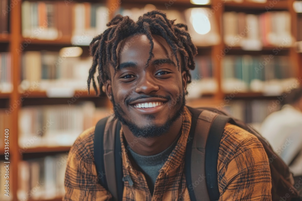 Library moment captured with happy black student guy with backpack warmly smiling at camera, radiating positivity and joy in the midst of his studies Library moment captured with happy black student guy with backpack warmly smiling at camera, radiating positivity and joy in the midst of his studies