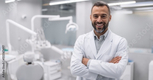 Smiling dentist in a white coat, arms crossed, in a modern dental office. He is confident and welcoming to his patients.