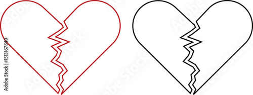 Heartbreak icon set. Broken heart or divorce vector collection isolated on transparent background. Outline drawing broken red hearts line clipart breakup symbol for apps and websites