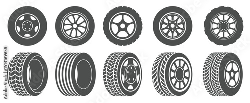 wheel tires car tire tread tracks motorcycle racing wheels icons dirty tires track illustration set.