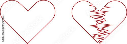 Heartbreak icon set. Broken heart or divorce vector collection isolated on transparent background. Outline drawing broken red hearts line clipart breakup symbol for apps and websites