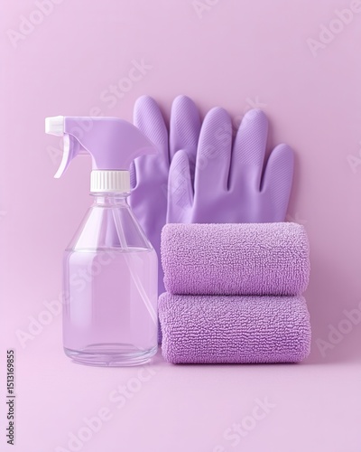Wallpaper Mural Cleaning spray bottle, gloves, and microfiber towels arranged on a purple background. Torontodigital.ca