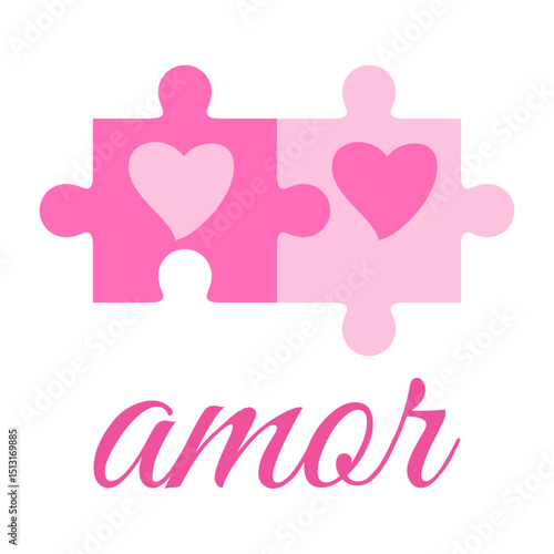 Logo del día de San Valentín. Silueta de piezas de puzzle con corazones y la palabra amor en español para felicitaciones y tarjetas