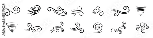 Wind icon collection. Blowing wind signs in black. Set of wind blow line icon. Doodle wind line sketch set vector