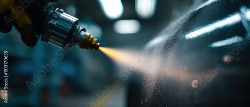 Fototapeta Naklejka Na Ścianę i Meble -  Industrial worker using spray gun for powder coating metal part in manufacturing factory Concept of surface treatment, metalworking, and industrial production