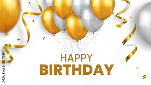Happy Birthday! Celebrate with Elegant Gold and Silver Balloons, Confetti, and Ribbons. Perfect for Birthday Cards, Invitations, and Party Decorations.