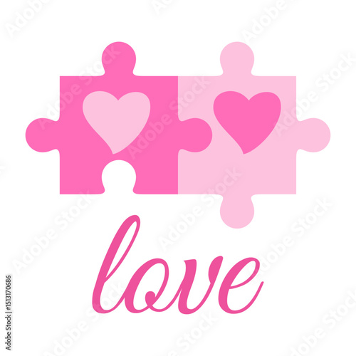 Logo del día de San Valentín. Silueta de piezas de puzzle con corazones y la palabra love para felicitaciones y tarjetas