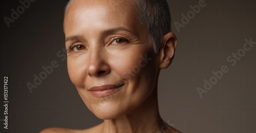 Elegant woman with silver hair smiles gently. A portrait of ageless beauty and quiet confidence radiating from warm features.