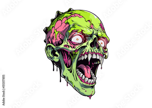 Horrifying Zombie Skull Illustration Gory Details, Vivid Colors, Open Mouth, Fangs, and Decaying Flesh—Perfect for Horror, Halloween, and Gothic Designs