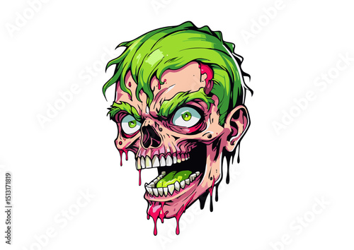 Horrific Green-Haired Zombie Skull Illustration A Ghastly Digital Artwork of Undead Horror