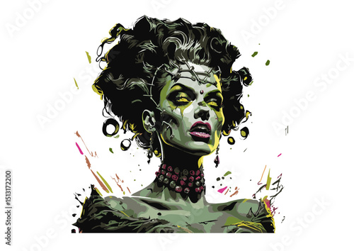 Gothic Horror Illustration Green-Skinned Zombie Bride with Elaborate Hairstyle and Jewelery