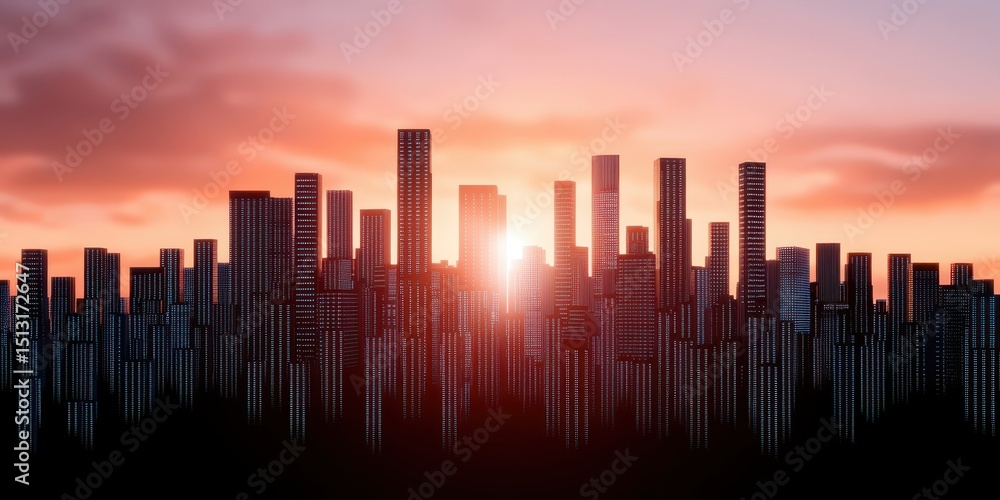 Fototapeta premium A vibrant city skyline with tall buildings is silhouetted against a colorful sunset sky.