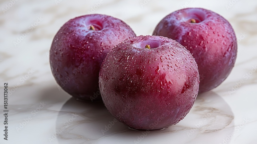 Obraz premium Still Life Photography of Fresh Plums with Water Droplets on a Marble Surface, Capturing a Sense of Natural Sweetness and Refreshment