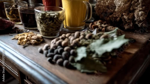Selection of colorful herbal remedies in glasses on a wooden table, showcasing wellness, health, and natural medicine ingredients.