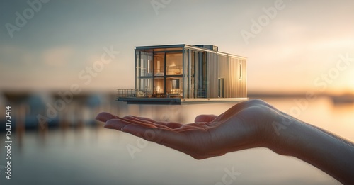 Modern Home Dream: A miniature house floats on open hands against a tranquil sunset, embodying a vision for a new, innovative lifestyle.