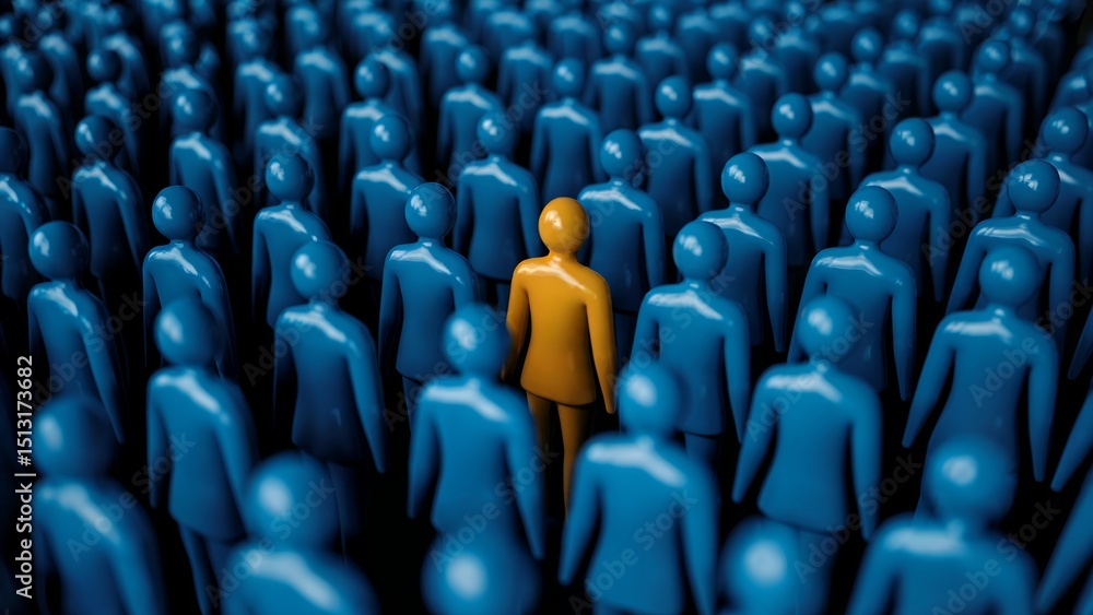 Obraz premium A single yellow figure stands out among a crowd of blue figures, concept for diversity, inclusion, and individuality in business presentations