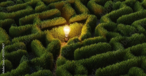 A bright glowing lightbulb stands at the center of a maze of green shrubbery, symbolizing finding inspiration or a solution to a problem.