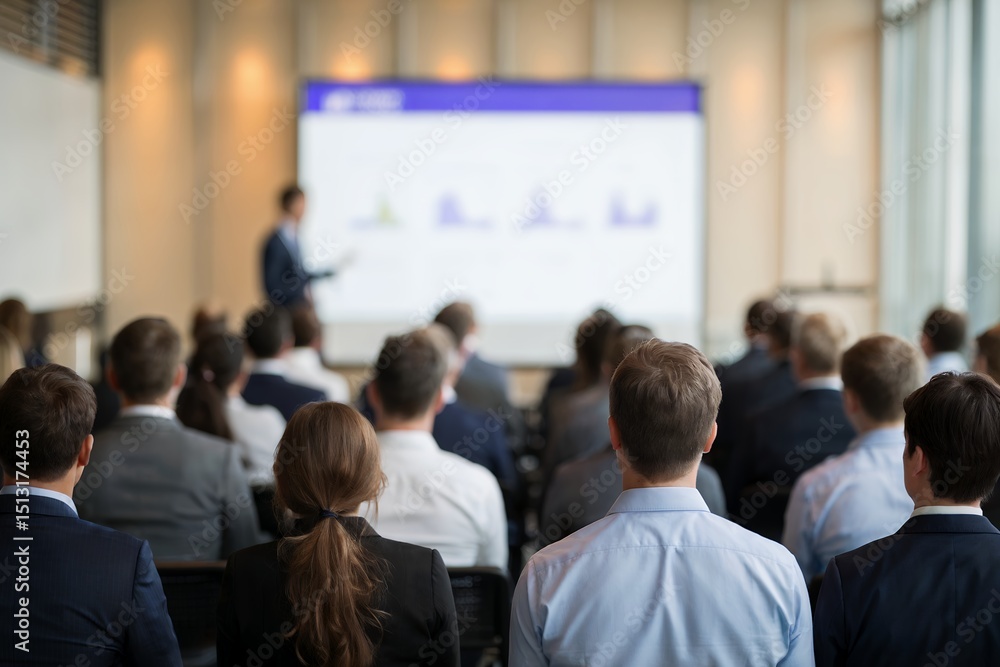 Fototapeta premium Blurred corporate workers attending a business presentation, conference, seminar or meeting; concept for business presentation and corporate identity