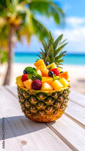 Salad Buah Tropis Warna-warni dalam Mangkok Nanas, Colorful Tropical Fruit Salad in Pineapple Bowl