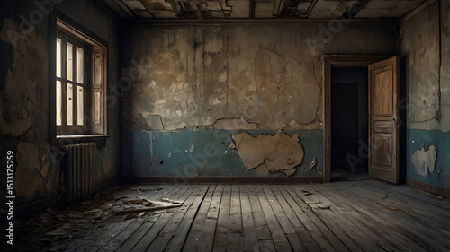 Abandoned, dark room inside an old, grunge house with a window, dirty brick walls, and dim light