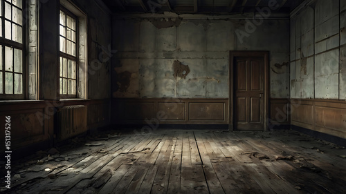 Old abandoned room with wooden floor and dim light through window