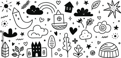 Doodle style black and white vector icons with clouds, trees, houses, leaves, and nature symbols for kids and casual designs