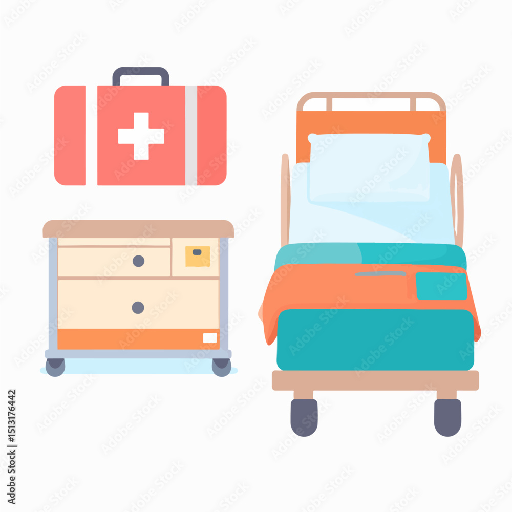 A hospital room scene with a firstaid kit nightstand and a hospital bed with blue bedding and orange blanket A hospital room scene with a firstaid kit nightstand and a hospital bed with blue bedding and orange blanket