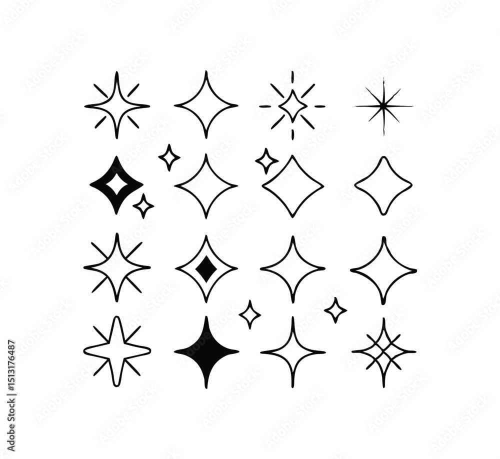 Diamond star and sparkle icons collection in various geometric shapes for decoration, black and white minimal vector Diamond star and sparkle icons collection in various geometric shapes for decoration, black and white minimal vector