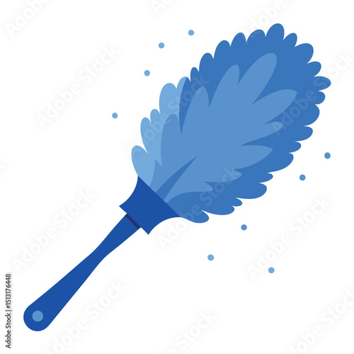 Blue Feather Duster Cleaning Tool, Dust Particles, Flat Design, Housekeeping on White