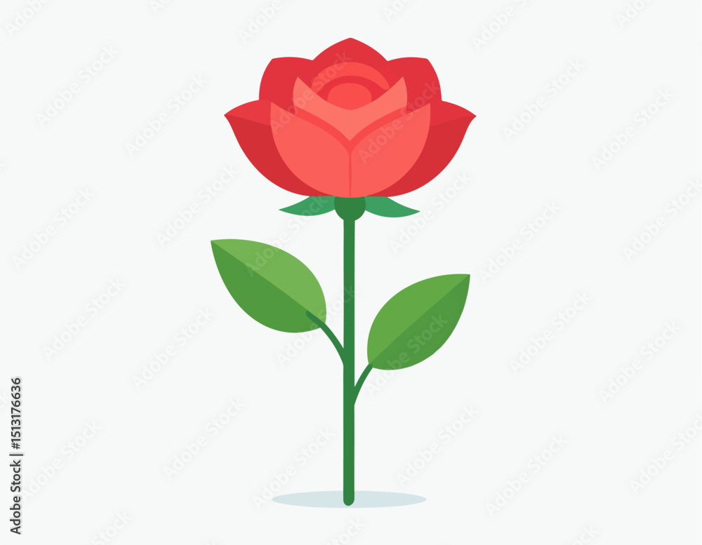 Obraz premium A simplified red rose illustration with green leaves and stem against a white background with a subtle drop shadow