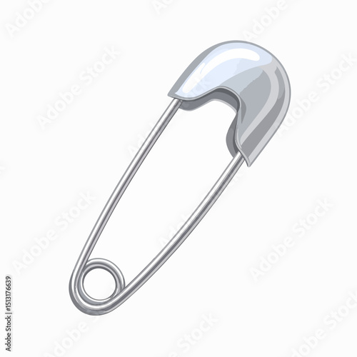 A silver safety pin closed with a curled end and enclosed clasp against a white background
