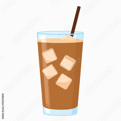 An iced coffee drink with a straw in a clear glass is visible in the frame It has ice cubes