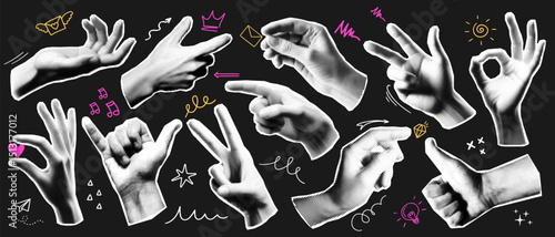 Various halftone hand, finger sign and human arm gesture with torn paper and paint brush texture. Retro grunge sticker collage in pop art style. Y2k doodle hand cutout with crown, arrow and love icon.