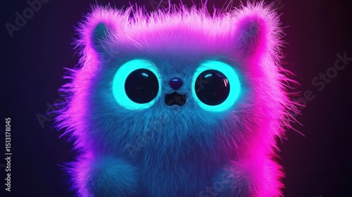 Fluffy, stylized, digital creature with vibrant neon colors.  Large, expressive eyes