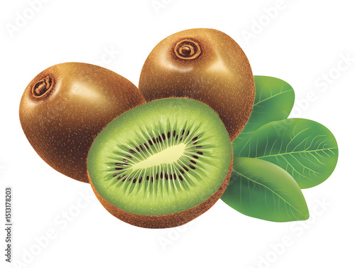 Exotic kiwi fruit illustration showcasing vibrant green flesh and leaves on black
