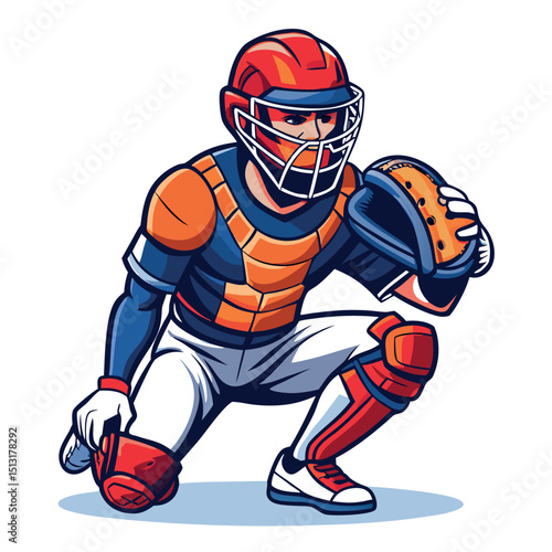 Cartoon Baseball Catcher in Helmet, Gloves, Pads and Uniform Squatting Position Isolated