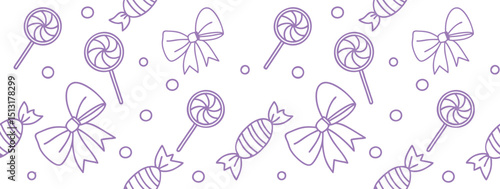 Cute seamless candy, bow, and lollipop pattern in pastel purple outline on white background. Ideal for children’s party themes, sweet packaging, or festive designs. Fun, playful, and whimsical style.