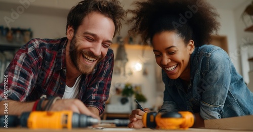 Joyful couple laughs while working on a DIY project, using tools and plans on a table, filled with laughter and collaborative spirit.