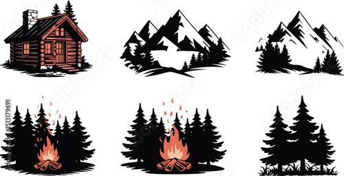 Stylized Cabin in the Woods with Campfire and Mountain Backdrop Illustration, Dark Night Scene, Outdoor Adventure, Wilderness