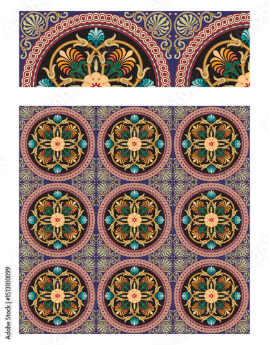  Ornate Circular Medallion Pattern with Classical Motifs