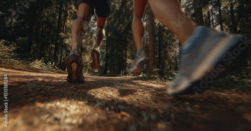 Forest runners speed through the trees. The dynamic shot emphasizes motion and nature in this fitness journey. Ground view. Forest path running