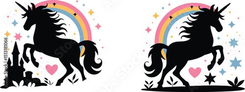 Cute Cartoon Rainbows with Hearts and Stars on  Vector Illustration for Children's Designs and Decor